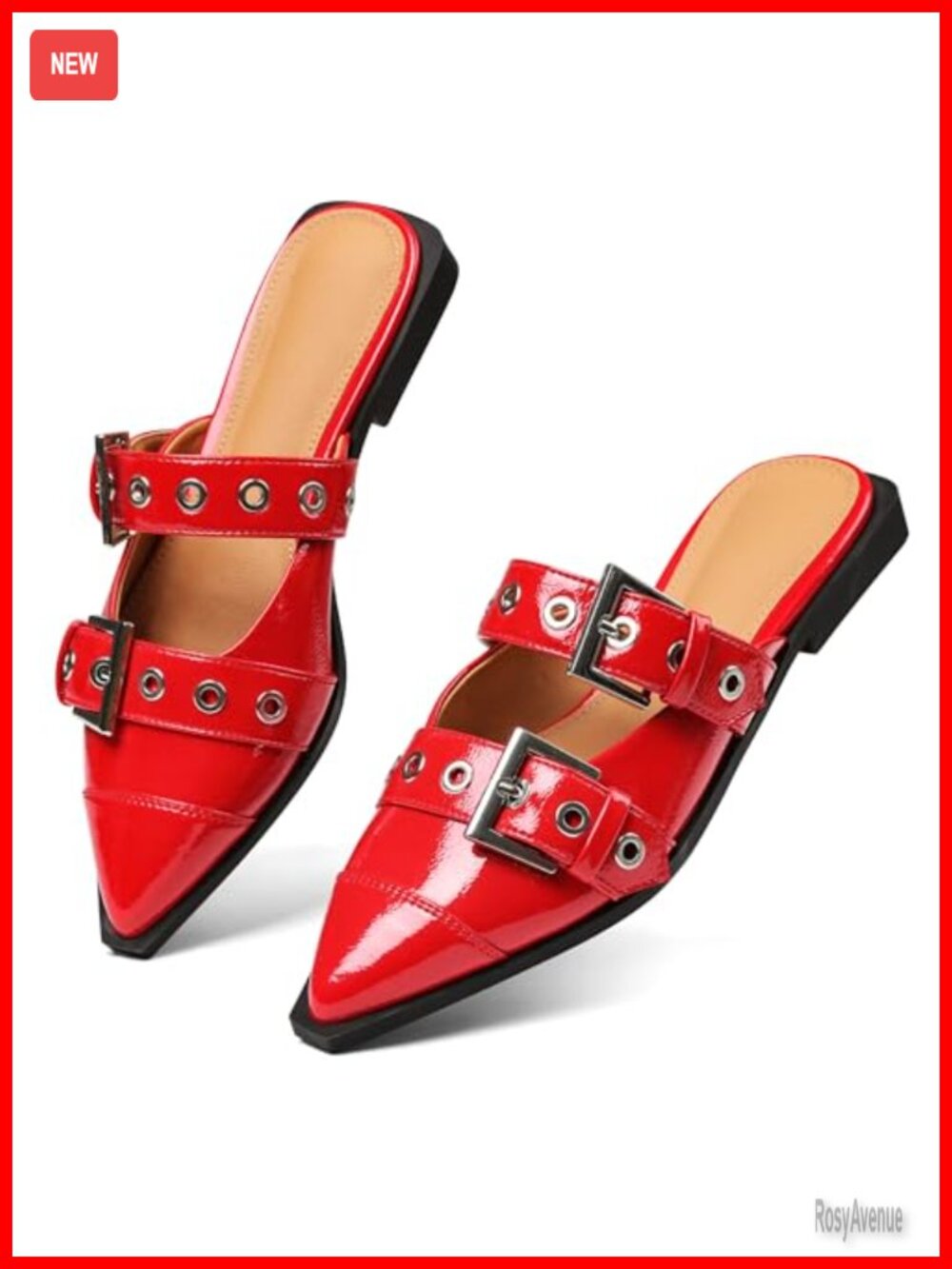 Pointy Toe Mules with Adjustable Buckle Strap Low Block Heel Flats
